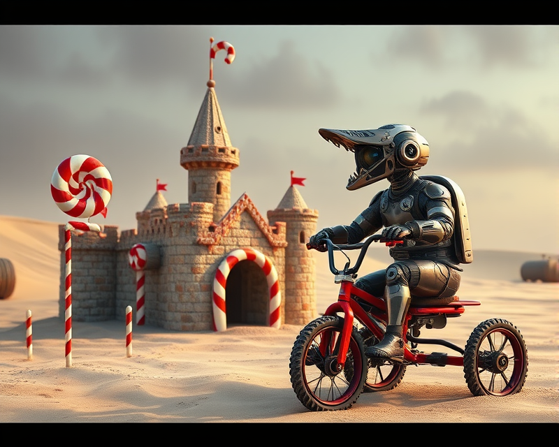 sandcastle, candy cane, robot, anteater, tricycle